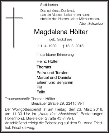 Traueranzeige von Magdalena Hölter von Die Glocke