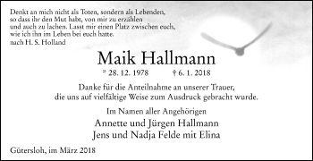 Traueranzeige von Maik Hallmann von Die Glocke