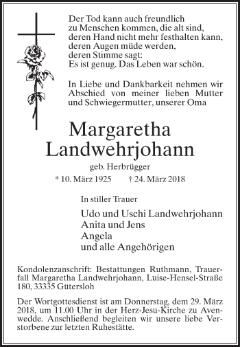 Traueranzeige von Margaretha Landwehrjohann von Die Glocke