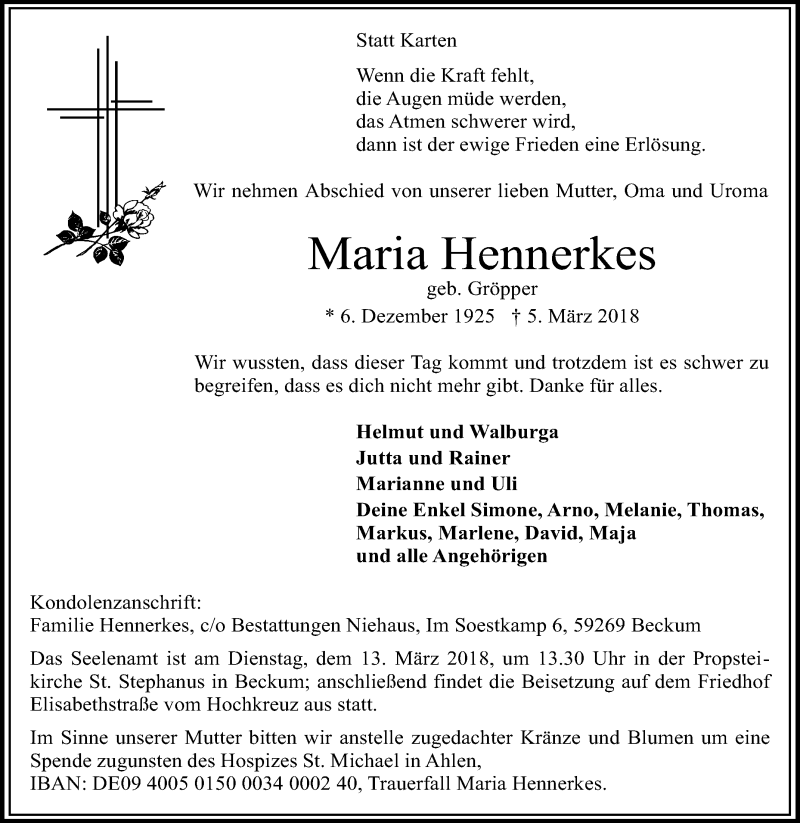  Traueranzeige für Maria Hennerkes vom 09.03.2018 aus Die Glocke