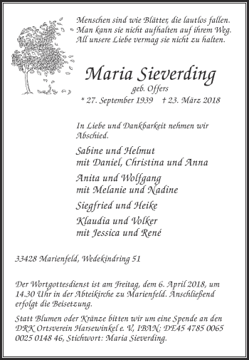 Traueranzeige von Maria Sieverding von Die Glocke