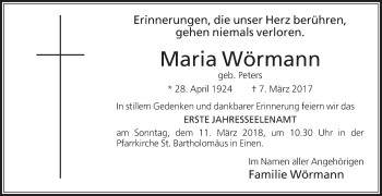 Traueranzeige von Maria Wörmann von Die Glocke