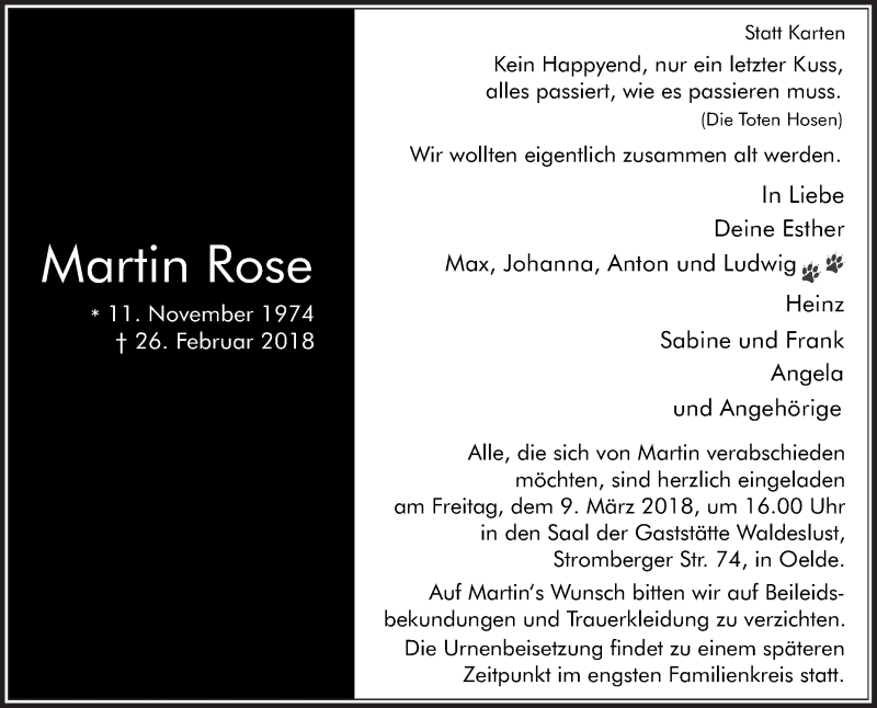  Traueranzeige für Martin Rose vom 03.03.2018 aus Die Glocke
