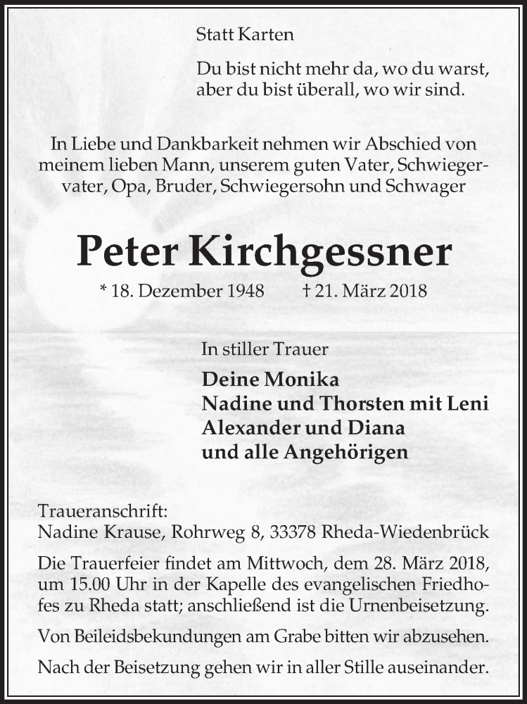  Traueranzeige für Peter Kirchgessner vom 24.03.2018 aus Die Glocke