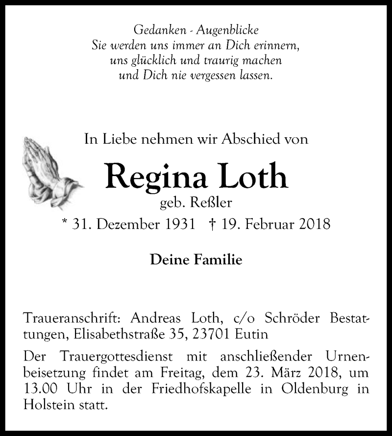  Traueranzeige für Regina Loth vom 17.03.2018 aus Die Glocke