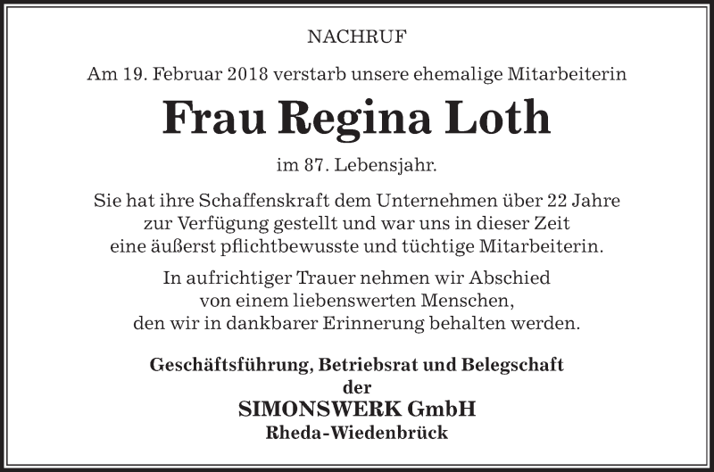  Traueranzeige für Regina Loth vom 03.03.2018 aus Die Glocke