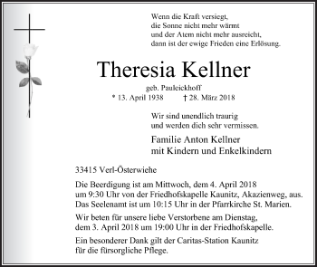 Traueranzeige von Theresia Kellner von Die Glocke