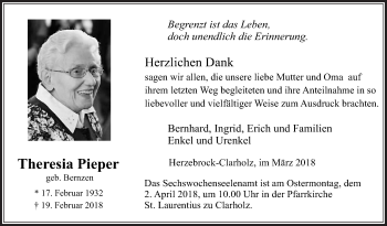 Traueranzeige von Theresia Pieper von Die Glocke