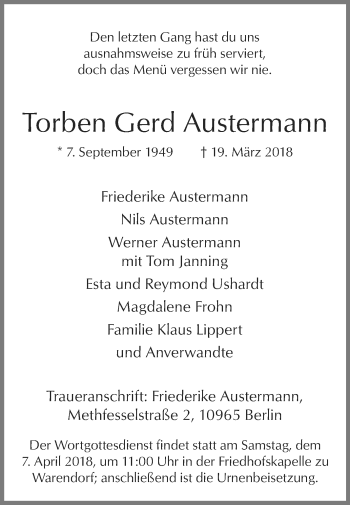 Traueranzeige von Torben Gerd Austermann von Die Glocke