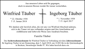 Traueranzeige von Winfried und Ingeborg Täuber von Die Glocke