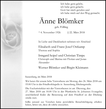 Traueranzeige von Änne Blömker von Die Glocke