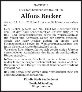 Traueranzeige von Alfons Recker von Die Glocke