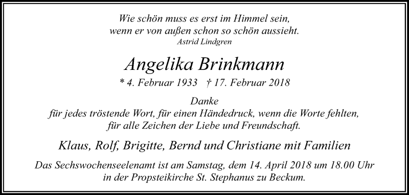  Traueranzeige für Angelika Brinkmann vom 07.04.2018 aus Die Glocke