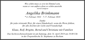 Traueranzeige von Angelika Brinkmann von Die Glocke