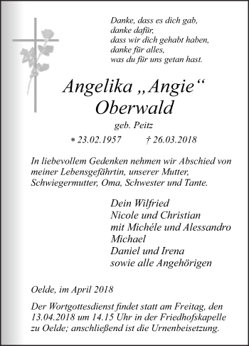 Traueranzeige von Angelika Oberwald von Die Glocke