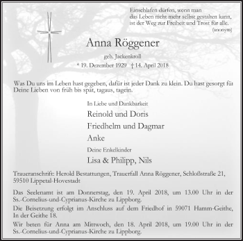 Traueranzeige von Anna Röggener von Die Glocke