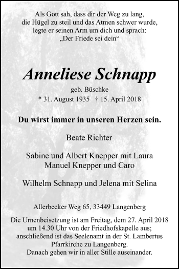 Traueranzeige von Anneliese Schnapp von Die Glocke