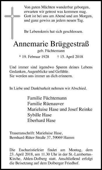 Traueranzeige von Annemarie Brüggestraß von Die Glocke