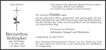 Traueranzeige von Bernardien Schlöpker von Die Glocke