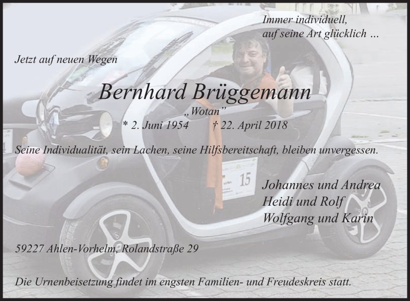  Traueranzeige für Bernhard Brüggemann vom 26.04.2018 aus Die Glocke