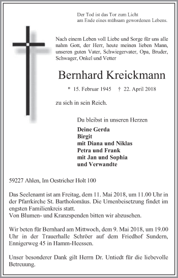 Traueranzeige von Bernhard Kreickmann von Die Glocke