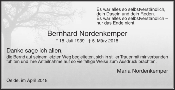 Traueranzeige von Bernhard Nordenkemper von Die Glocke