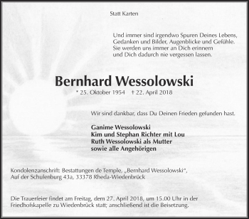 Traueranzeige von Bernhard Wessolowski von Die Glocke