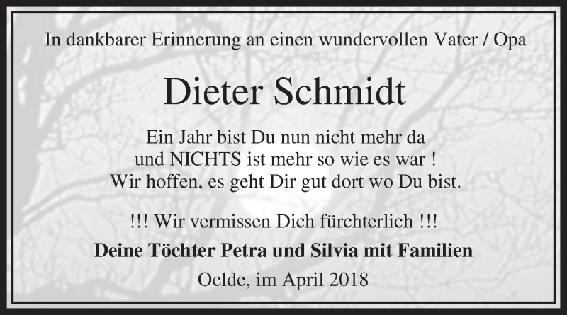  Traueranzeige für Dieter Schmidt vom 28.04.2018 aus Die Glocke