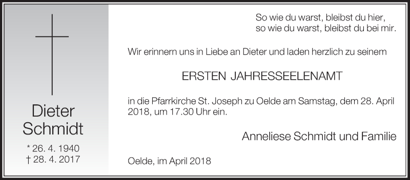  Traueranzeige für Dieter Schmidt vom 21.04.2018 aus Die Glocke