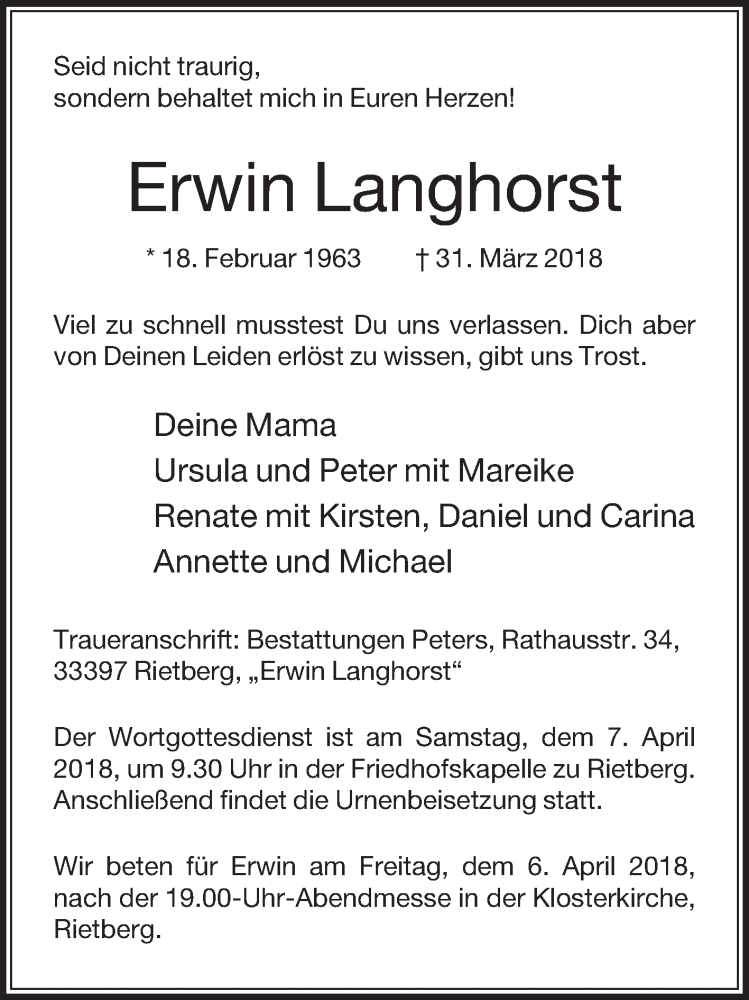  Traueranzeige für Erwin Langhorst vom 04.04.2018 aus Die Glocke