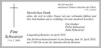 Traueranzeige von Fine Schwarzer von Die Glocke