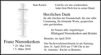 Traueranzeige von Franz Nierenkerken von Die Glocke