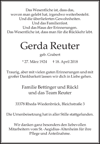 Traueranzeige von Gerda Reuter von Die Glocke