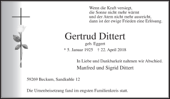 Traueranzeige von Gertrud Dittert von Die Glocke