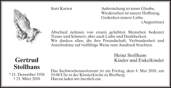 Traueranzeige von Gertrud Stollhans von Die Glocke