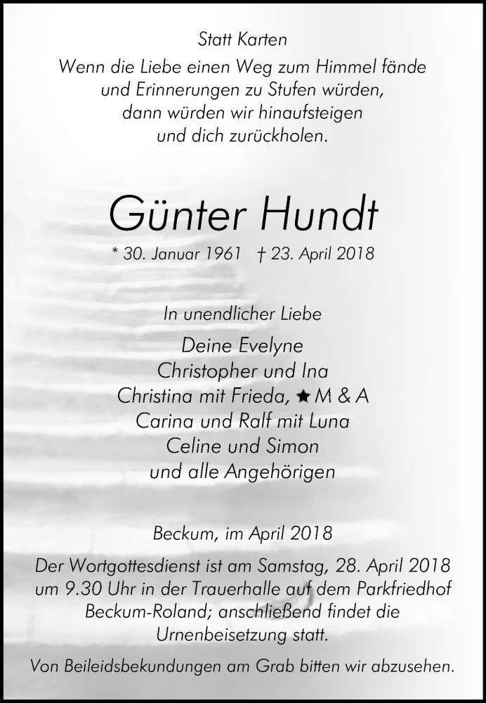  Traueranzeige für Günter Hundt vom 25.04.2018 aus Die Glocke