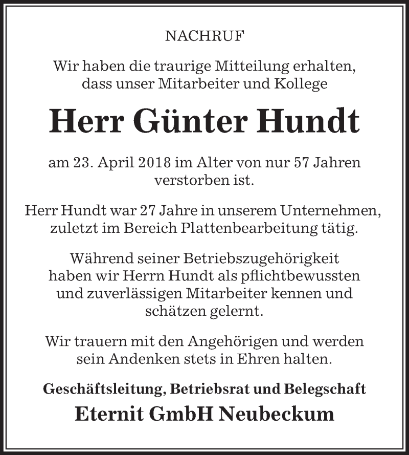  Traueranzeige für Günter Hundt vom 27.04.2018 aus Die Glocke