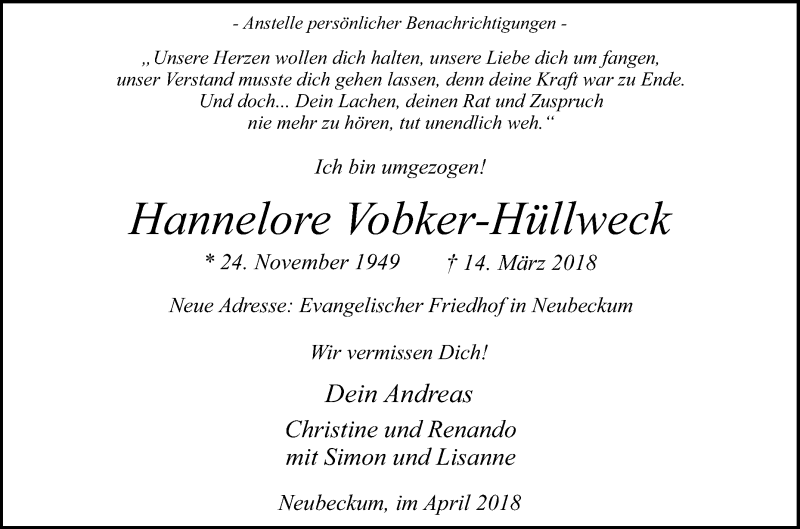  Traueranzeige für Hannelore Vobker-Hüllweck vom 09.04.2018 aus Die Glocke