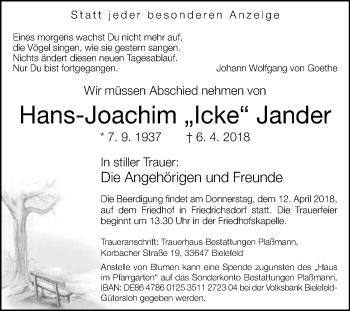 Traueranzeige von Hans-Joachim Jander von Die Glocke