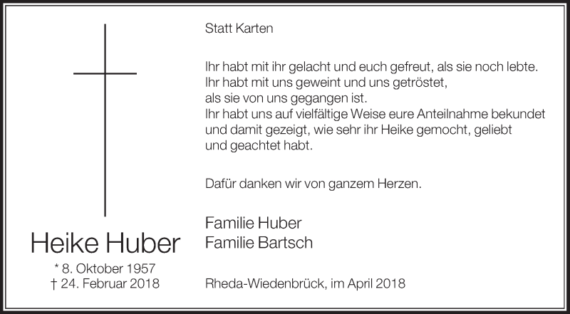  Traueranzeige für Heike Huber vom 07.04.2018 aus Die Glocke