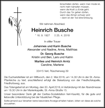 Traueranzeige von Heinrich Busche von Die Glocke