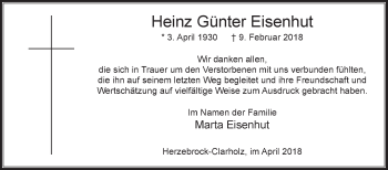 Traueranzeige von Heinz Günter Eisenhut von Die Glocke