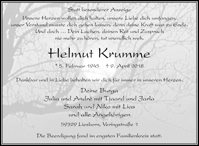  Traueranzeige für Helmut Krumme vom 14.04.2018 aus Die Glocke