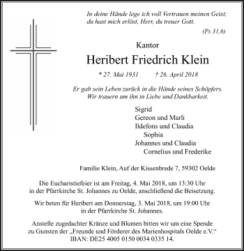 Traueranzeige von Heribert Friedrich Klein von Die Glocke
