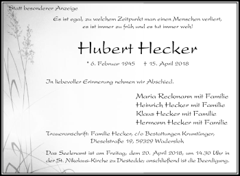 Traueranzeige von Hubert Hecker von Die Glocke