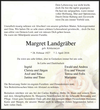 Traueranzeige von Margret Landgräber von Die Glocke