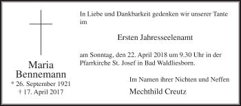 Traueranzeige von Maria Bennemann von Die Glocke