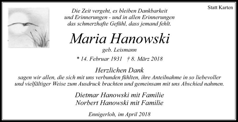  Traueranzeige für Maria Hanowski vom 28.04.2018 aus Die Glocke