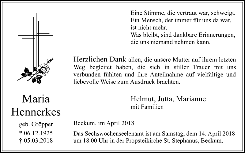  Traueranzeige für Maria Hennerkes vom 07.04.2018 aus Die Glocke