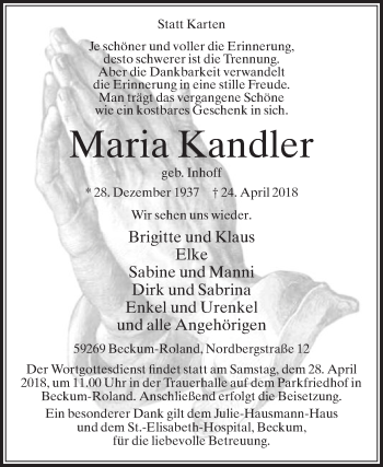 Traueranzeige von Maria Kandler von Die Glocke